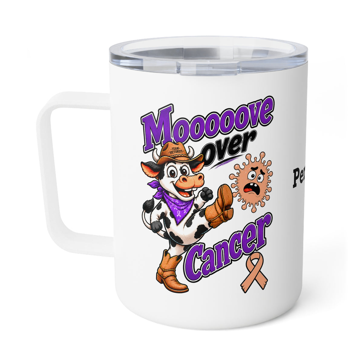 Moooove Over Cancer insulated mug with cow graphic and orange awareness ribbon