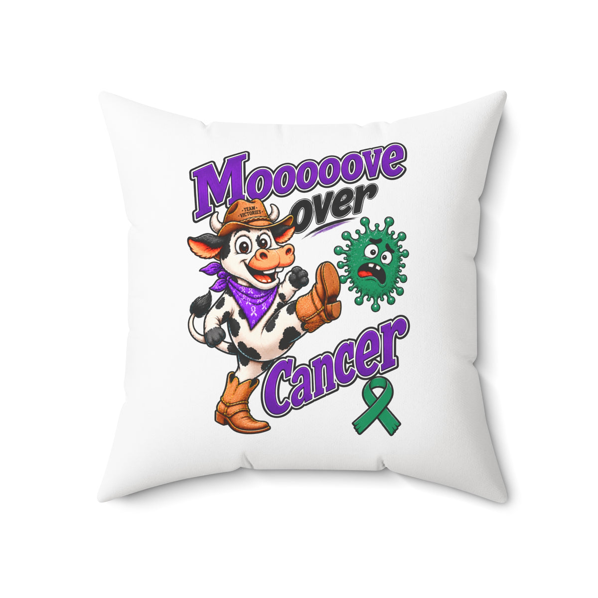 White Moooove Over Cancer throw pillow featuring cow artwork and Liver Cancer awareness ribbon