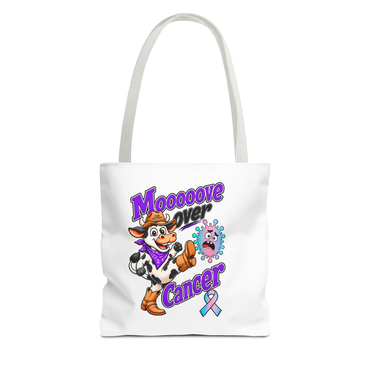 Moooove Over Cancer tote with cow design, burgundy handles, and Thyroid Cancer awareness ribbon