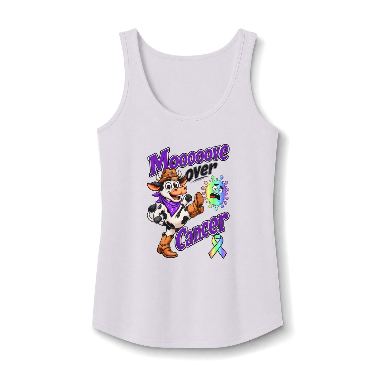 White Moooove Over Cancer tank top with all-cancer awareness ribbon design