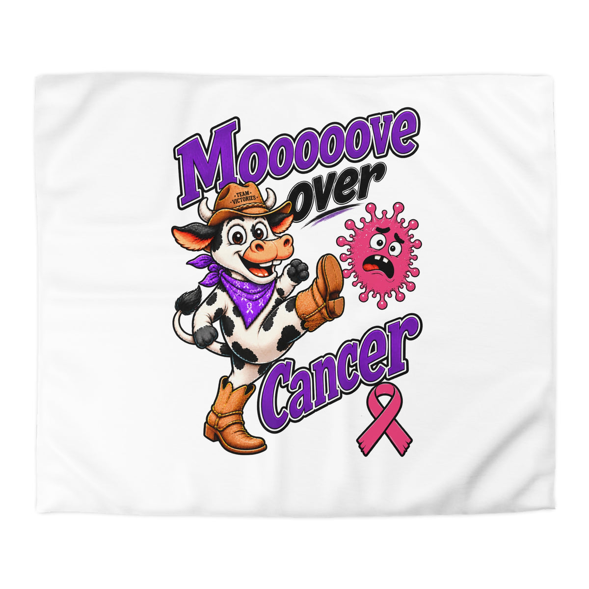Moooove Over Cancer microfiber duvet cover showing cow character and Breast Cancer awareness ribbon