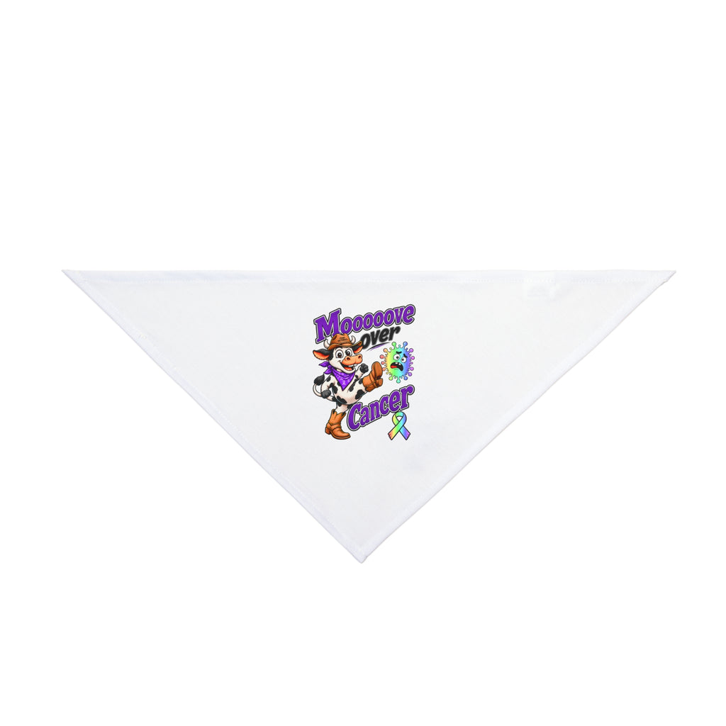 Moooove Over Cancer pet bandana with an all-cancer awareness ribbon on white fabric