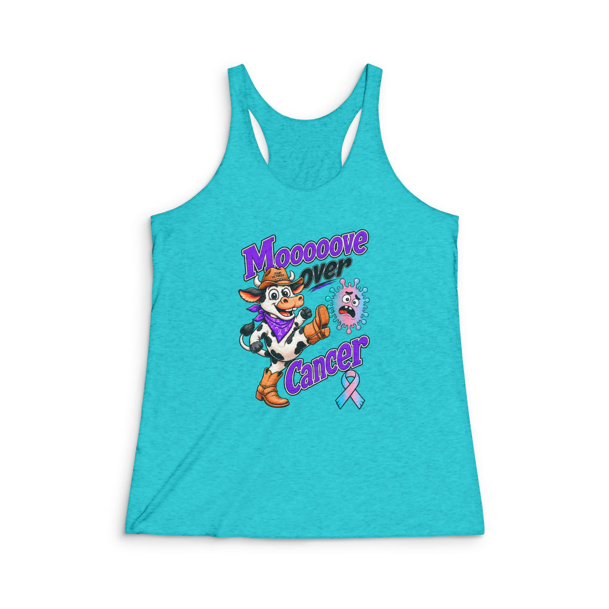 Moooove Over Cancer racerback tank with cow artwork and Thyroid Cancer awareness ribbon in teal