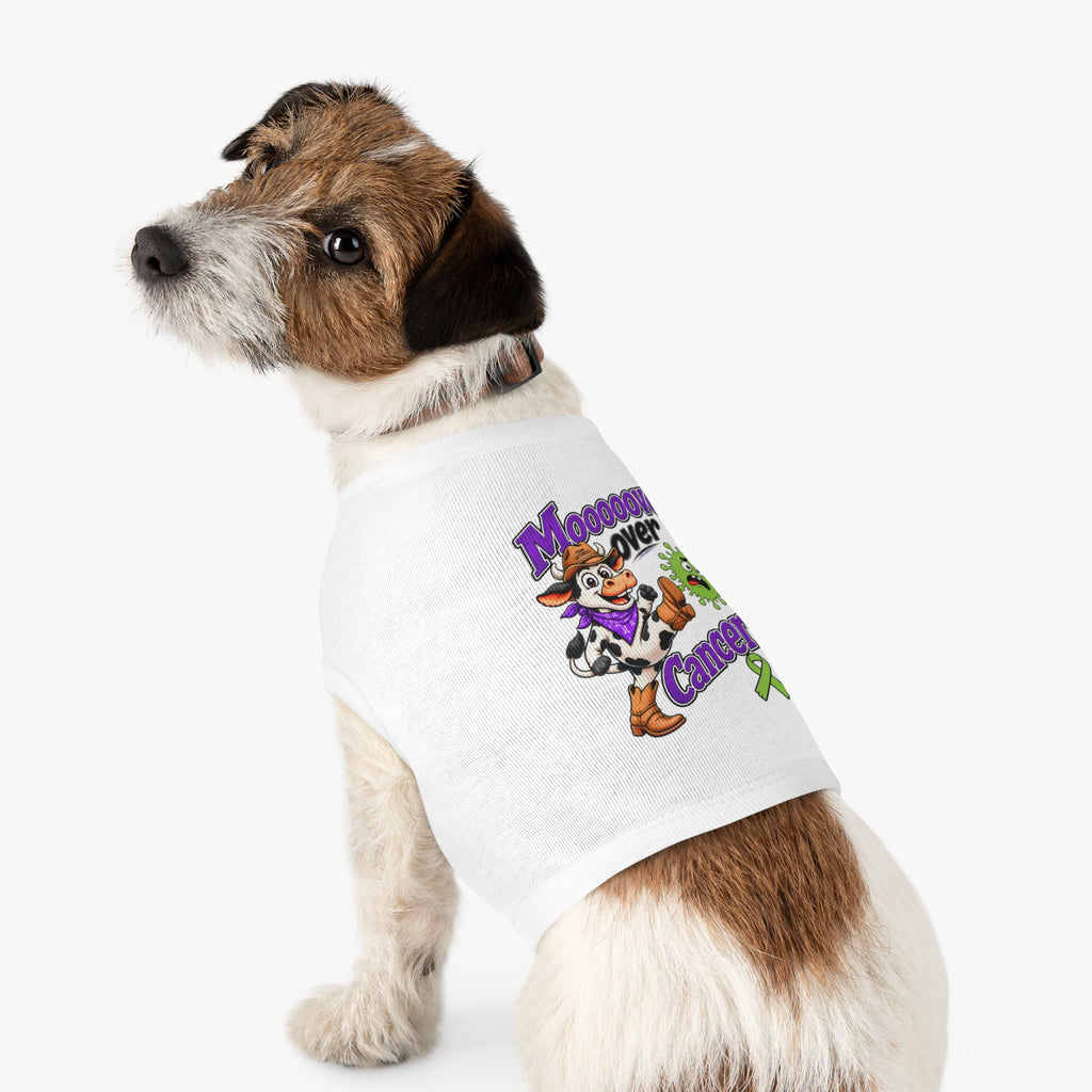 Dog wearing gray Moooove Over Cancer tank with Non-Hodgkin/Lymphoma Cancer awareness ribbon