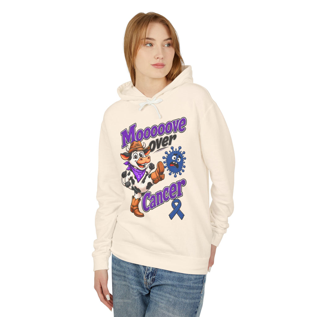 Woman wearing the Moooove Over Cancer hoodie with cow and Colon Cancer awareness ribbon