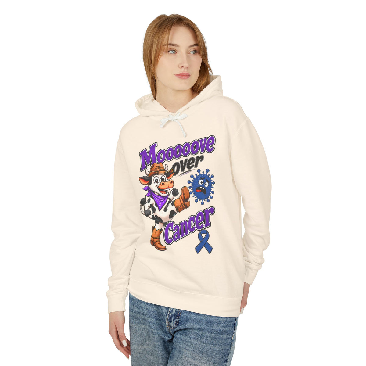 Woman wearing the Moooove Over Cancer hoodie with cow and Colon Cancer awareness ribbon