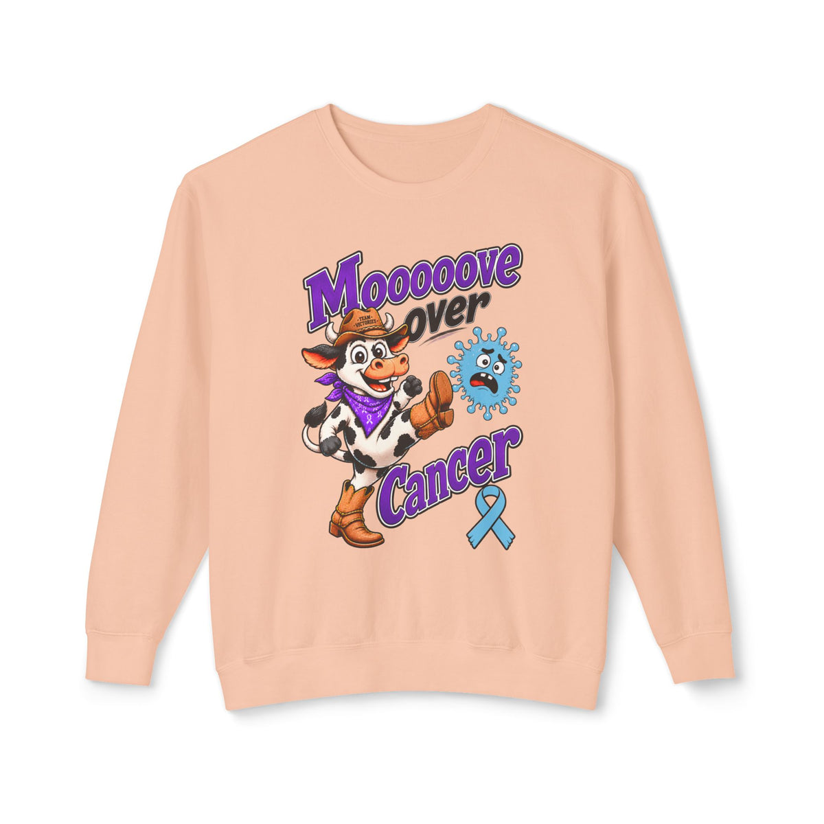 Moooove Over Cancer peach sweatshirt with cow graphic and Prostate Cancer awareness ribbon