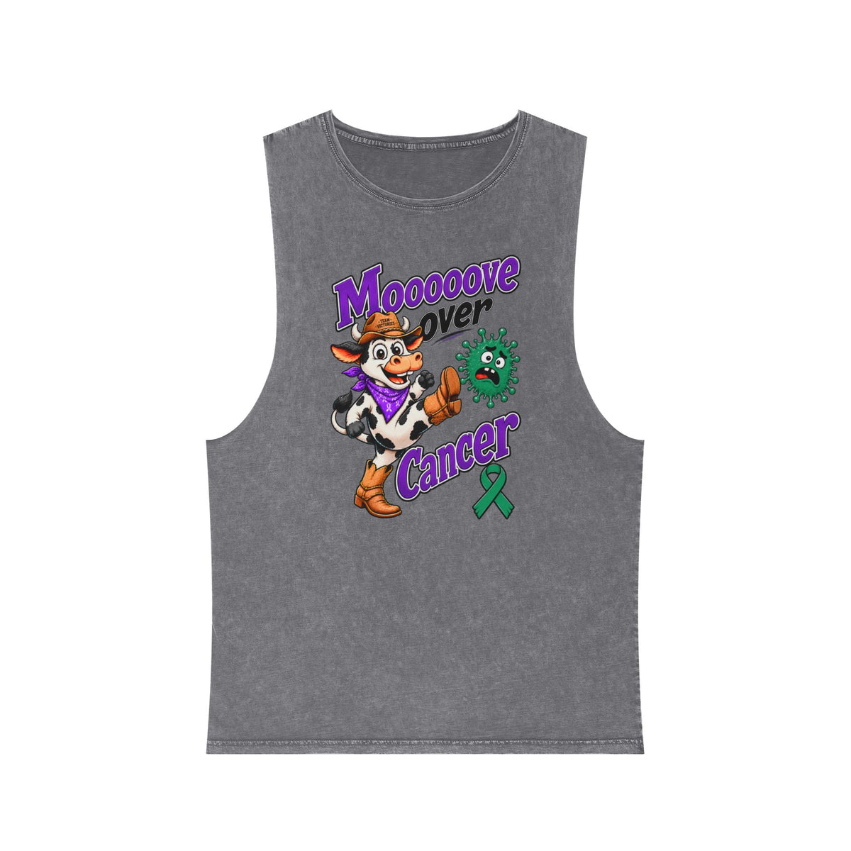 Moooove Over Cancer tank top in gray with green Liver Cancer awareness ribbon