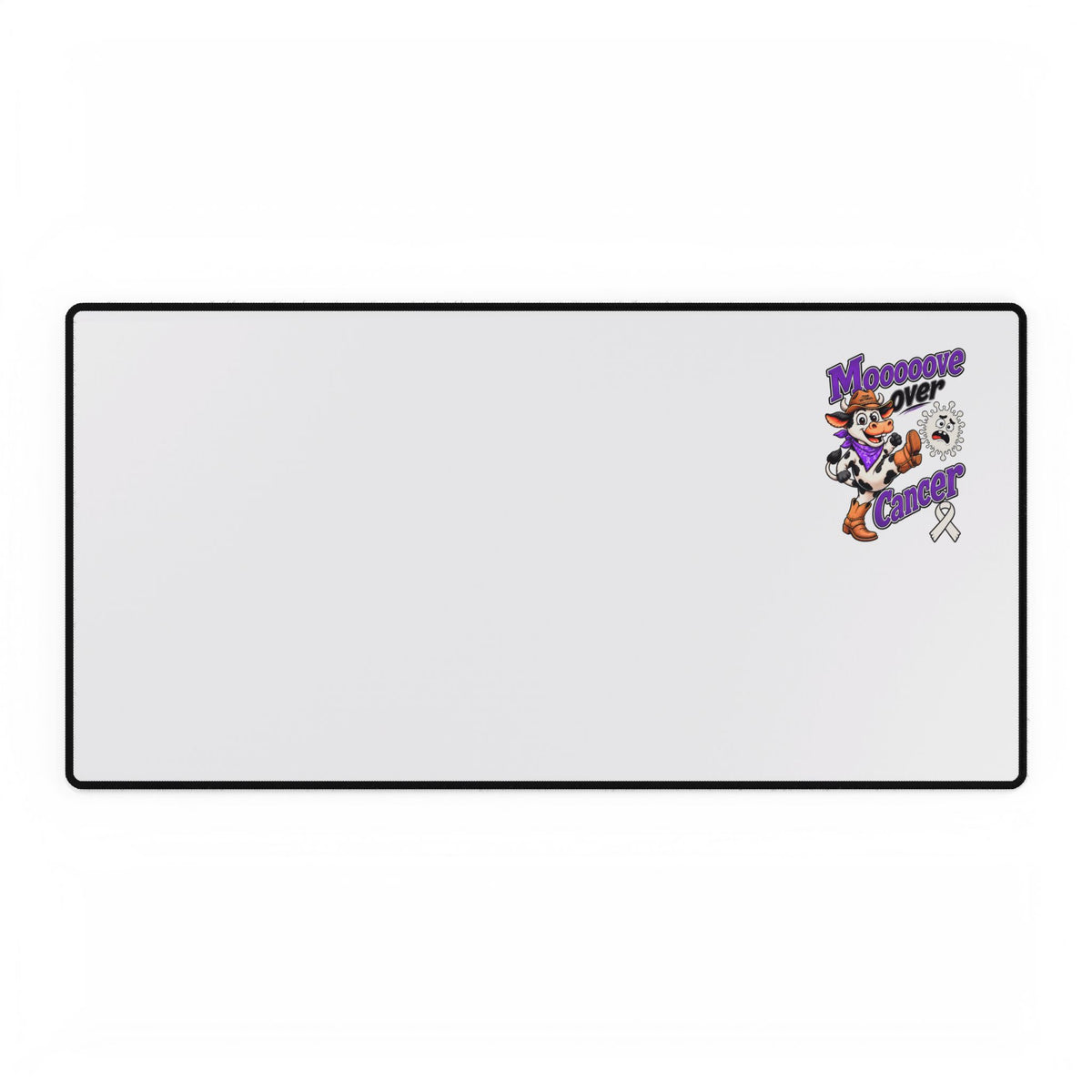 Wide Moooove Over Cancer desk mat with cowgirl artwork and Lung Cancer awareness ribbon