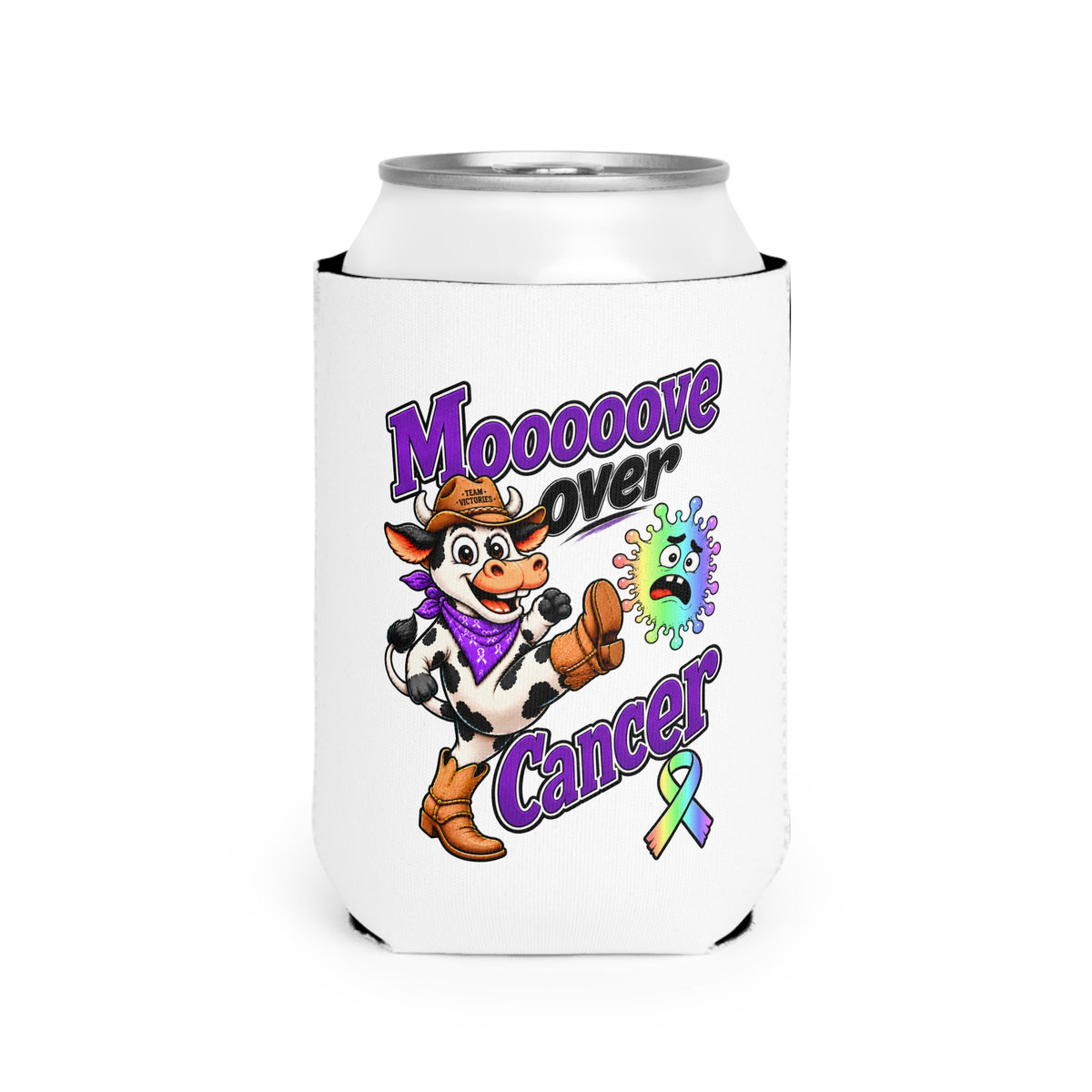 Moooove Over Cancer neoprene can cooler wrapped around a standard can
