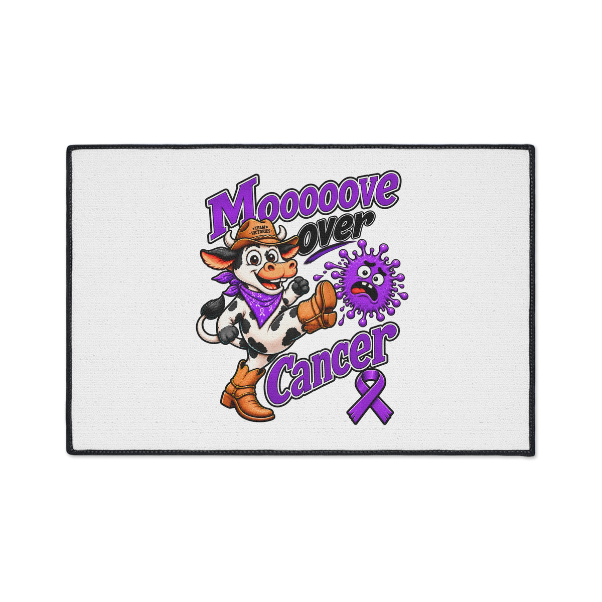 Moooove Over Cancer entry mat with vivid one-sided print and Pancreatic Cancer awareness ribbon