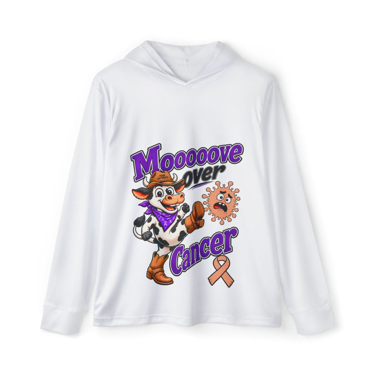 Moooove Over Cancer white hoodie with cow artwork and peach Uterine Cancer awareness ribbon