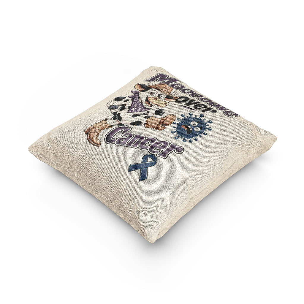 Angled Moooove Over Cancer woven cushion showing textured fabric and blue ribbon design