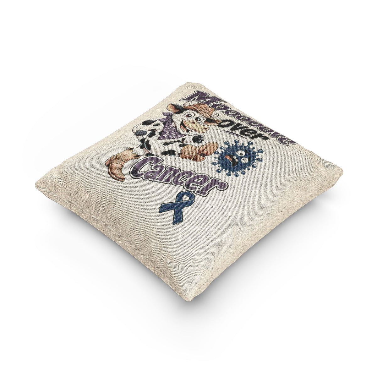 Angled Moooove Over Cancer woven cushion showing textured fabric and blue ribbon design