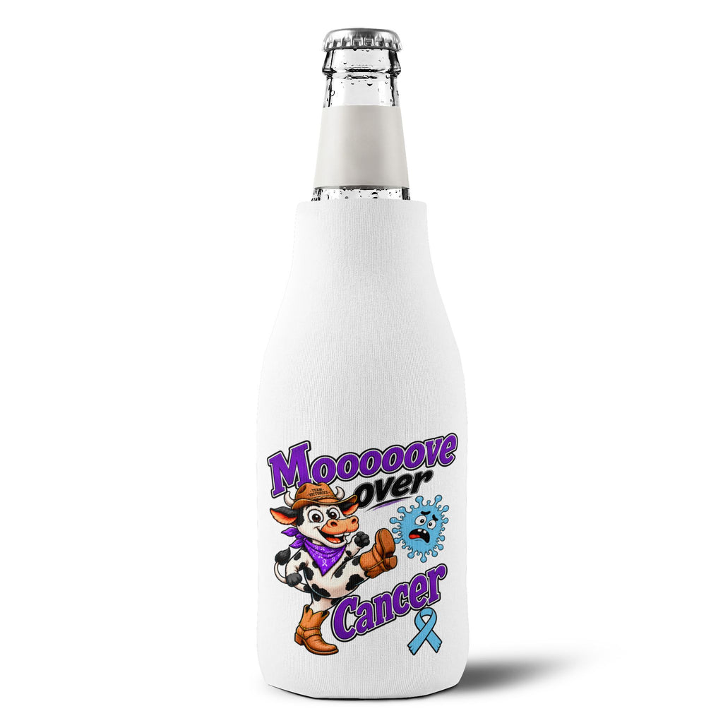 Moooove Over Cancer insulated bottle sleeve fitted around a glass bottle with Prostate Cancer awareness design