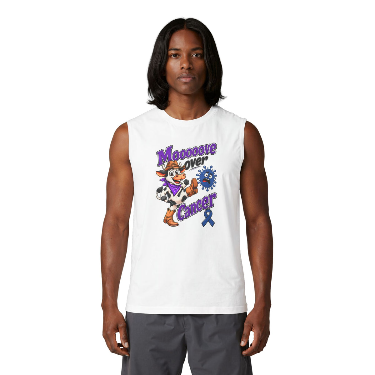 Front view of model wearing the Moooove Over Cancer Colon Cancer awareness tank top