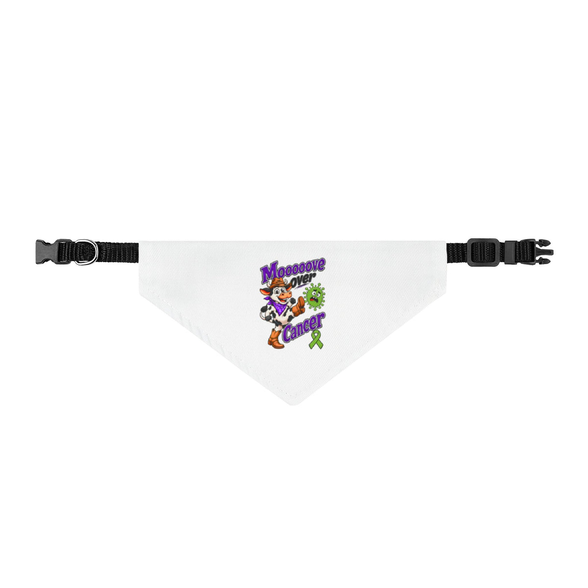 Moooove Over Cancer clip-on pet bandana with colorful cancer-awareness design for dogs and cats