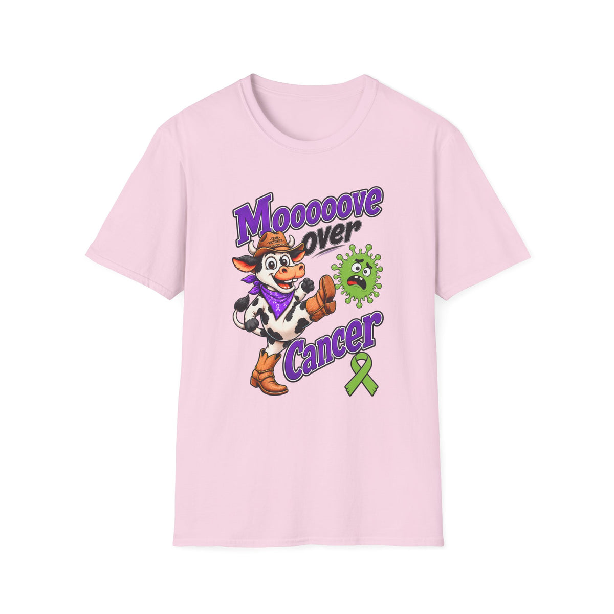 Pink Moooove Over Cancer T-shirt with bold Western artwork and awareness ribbon