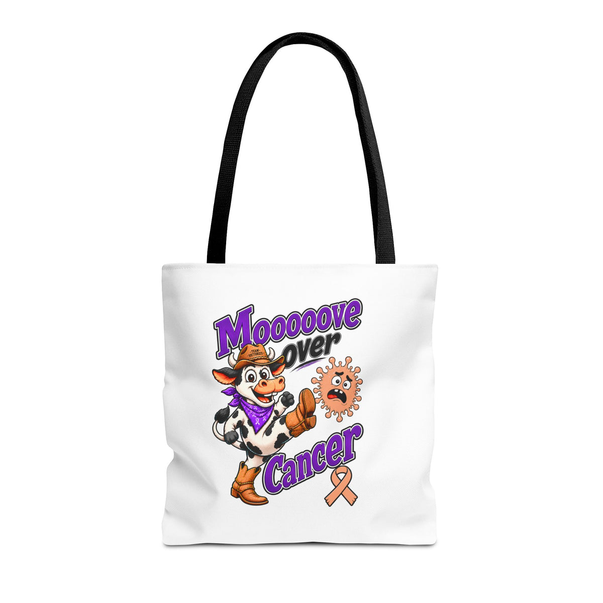 Team Victories peach Uterine Cancer awareness ribbon design on white polyester tote bag