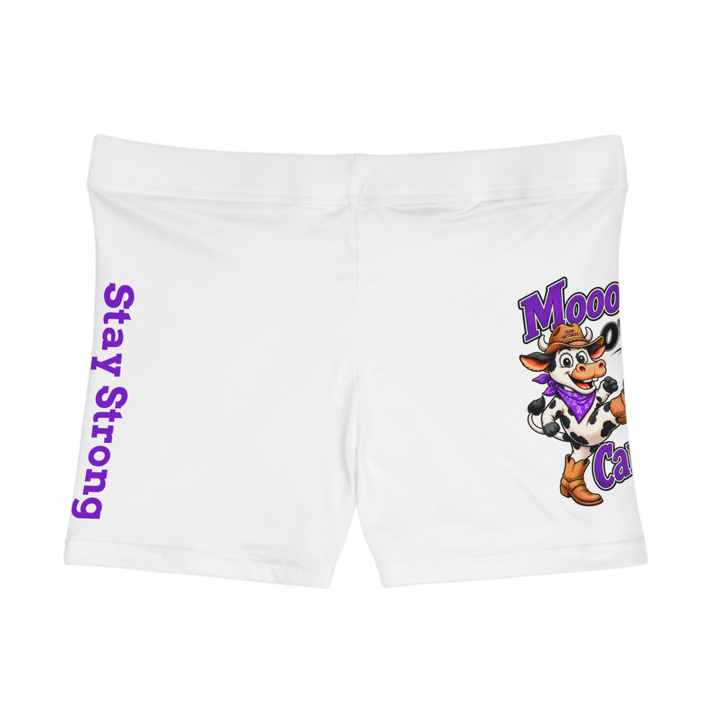 Back view of Moooove Over Cancer white women's shorts with cow artwork and purple Stay Strong lettering