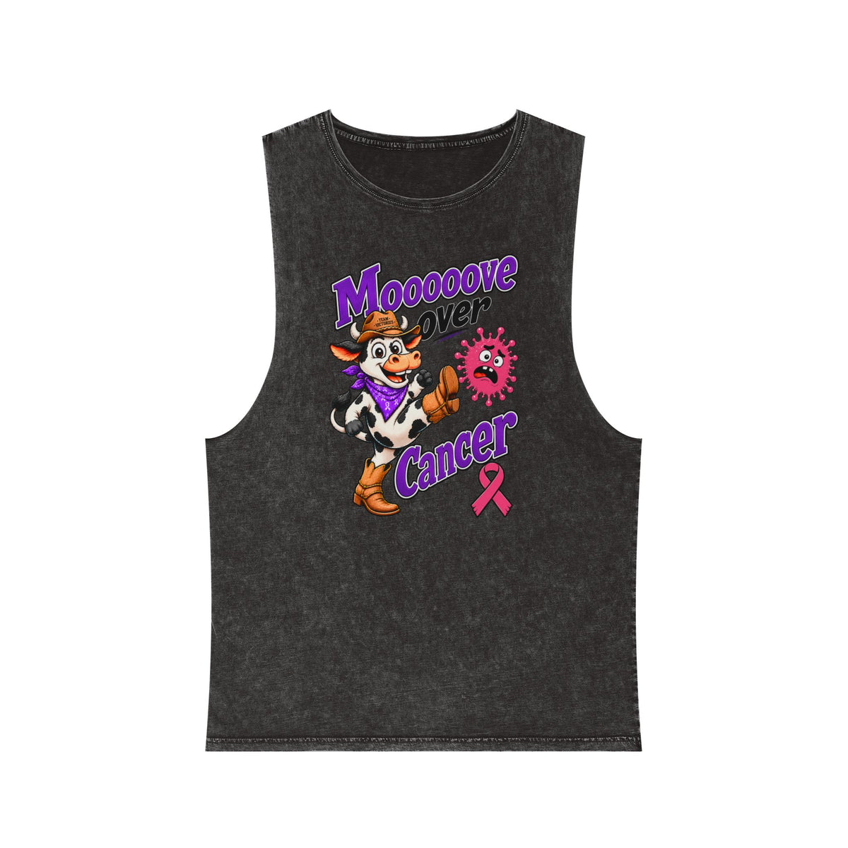 Moooove Over Cancer stonewashed tank top with a pink Breast Cancer awareness ribbon