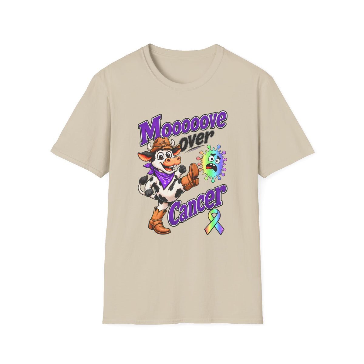 Moooove Over Cancer T-shirt in tan with colorful Western artwork