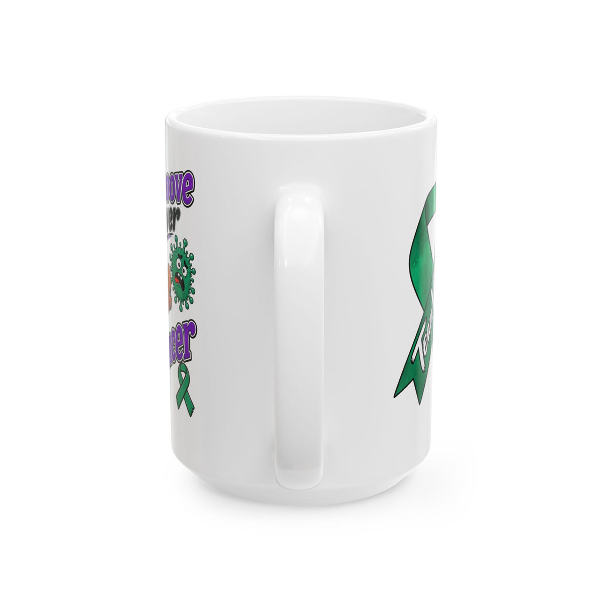 Side view of Moooove Over Cancer mug showing its glossy finish and handle