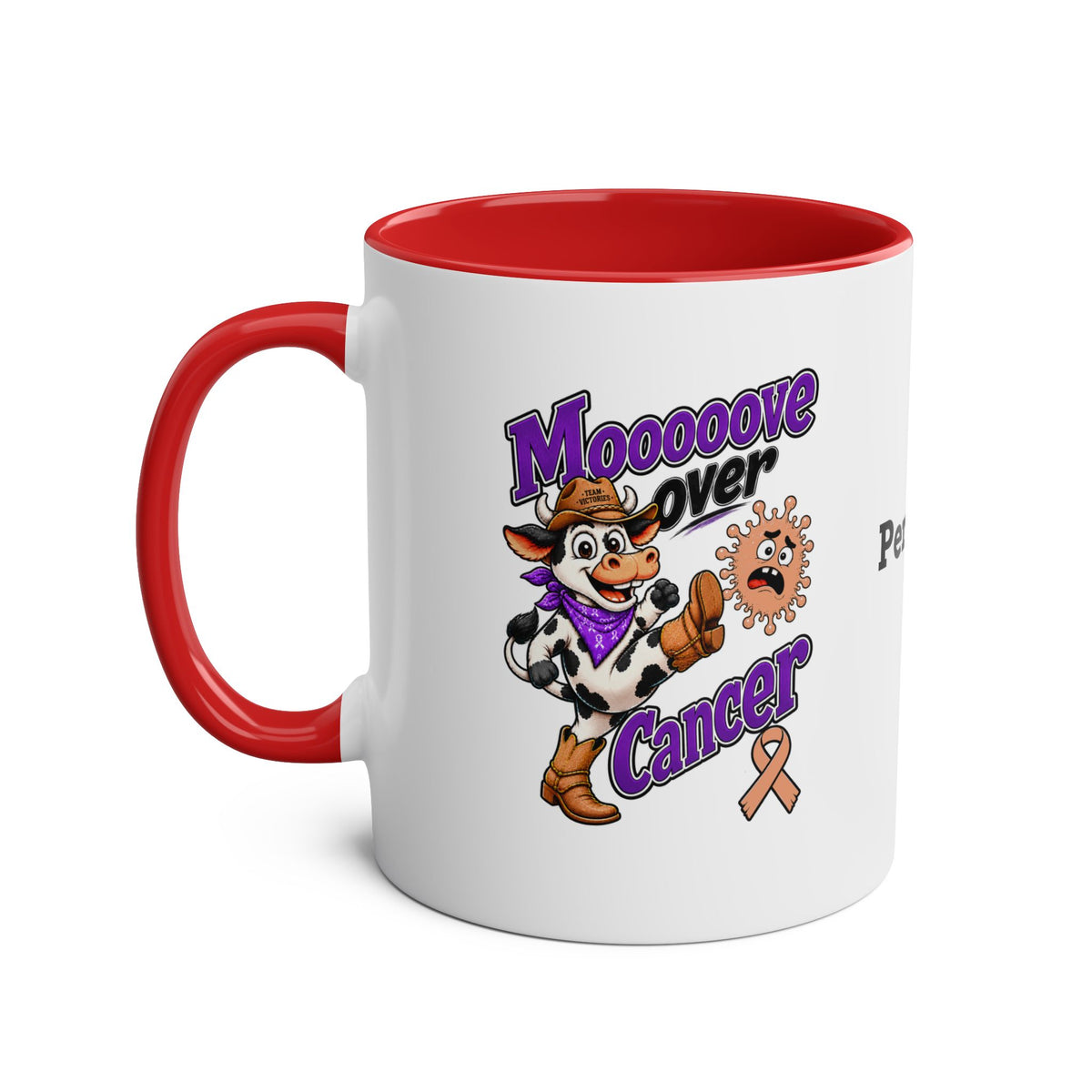 Moooove Over Cancer personalized mug with red interior and handle