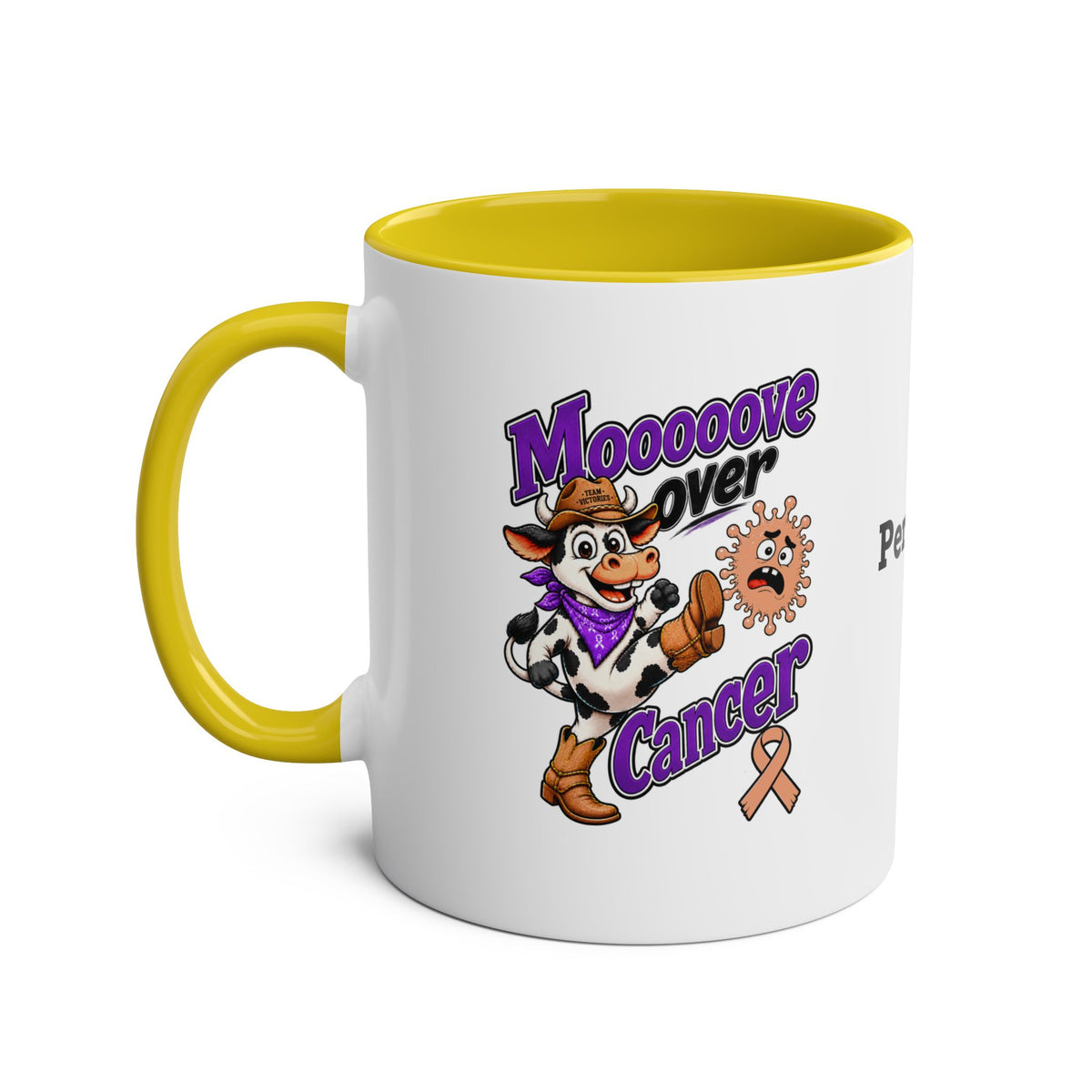Moooove Over Cancer cancer awareness mug with yellow accent color