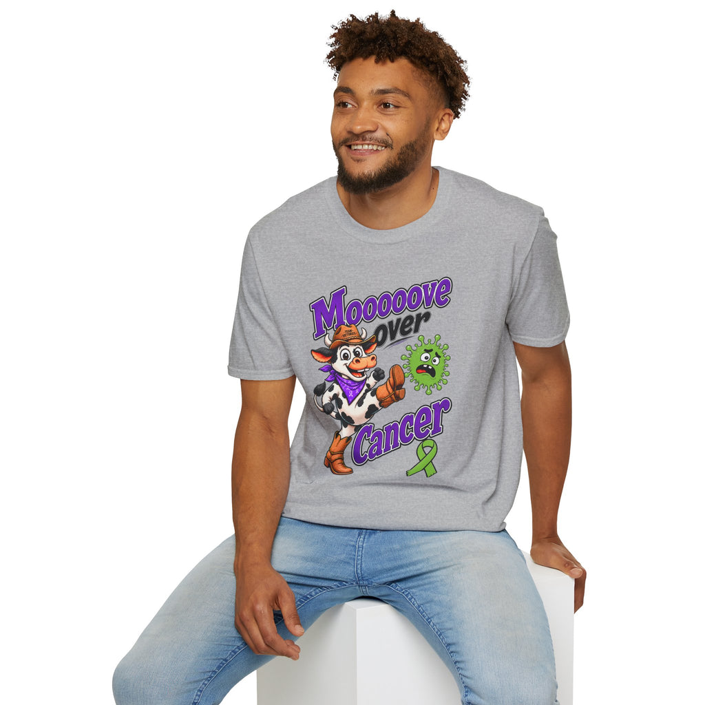 Man wearing gray Moooove Over Cancer tee with cowgirl artwork
