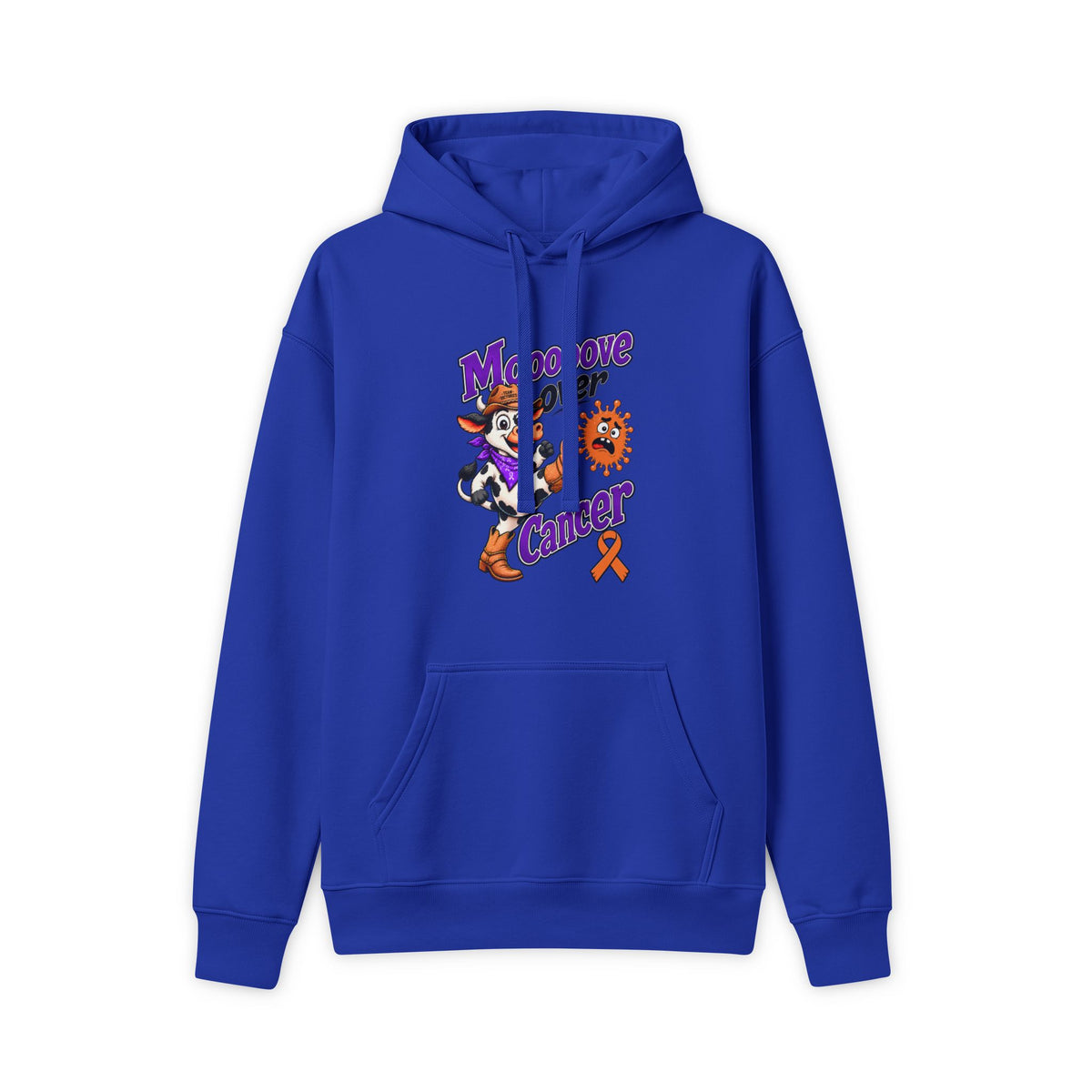 Mooove Over Cancer blue hoodie with character graphic and Leukemia/Kidney Cancer awareness ribbon