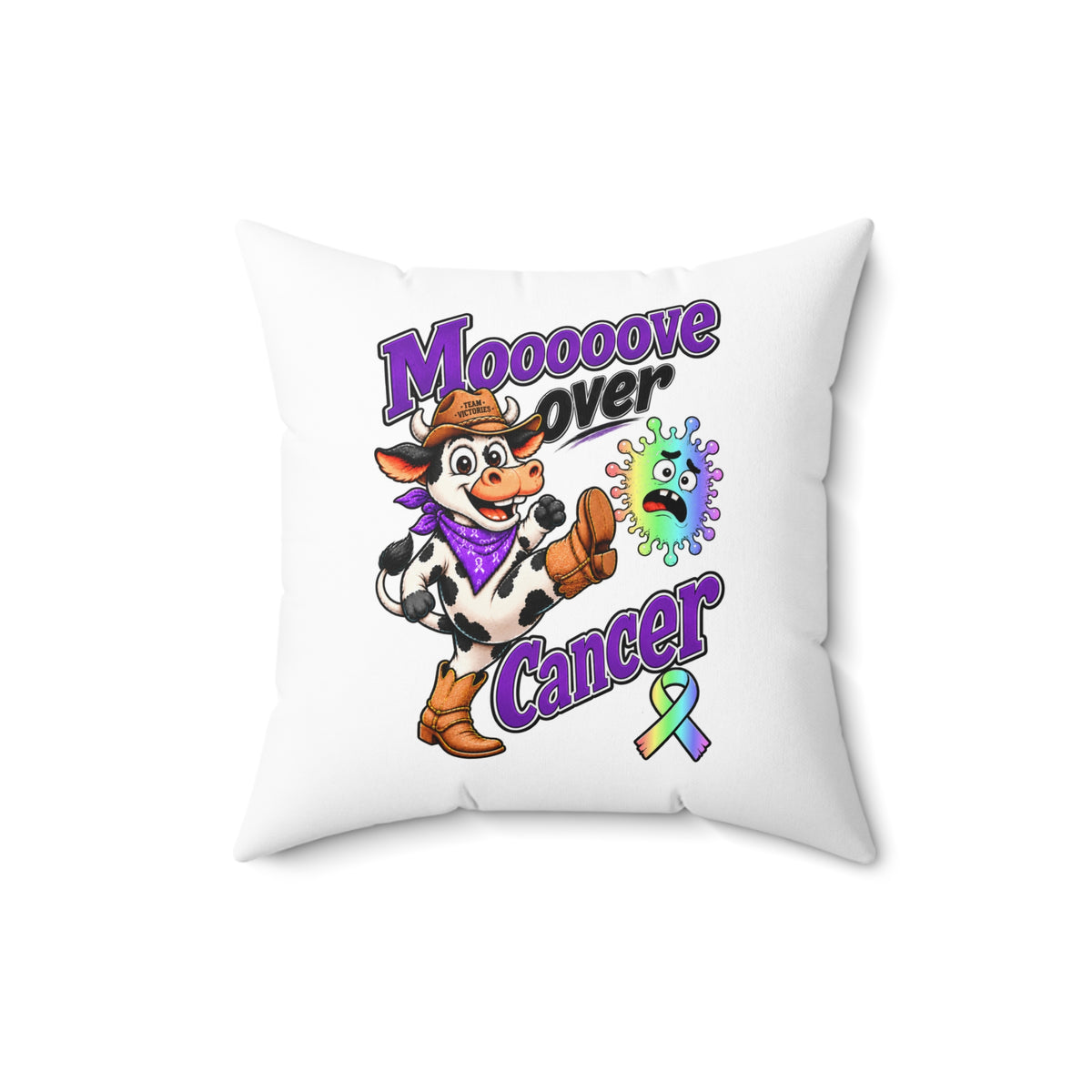Front view of Moooove Over Cancer square pillow with colorful cow design