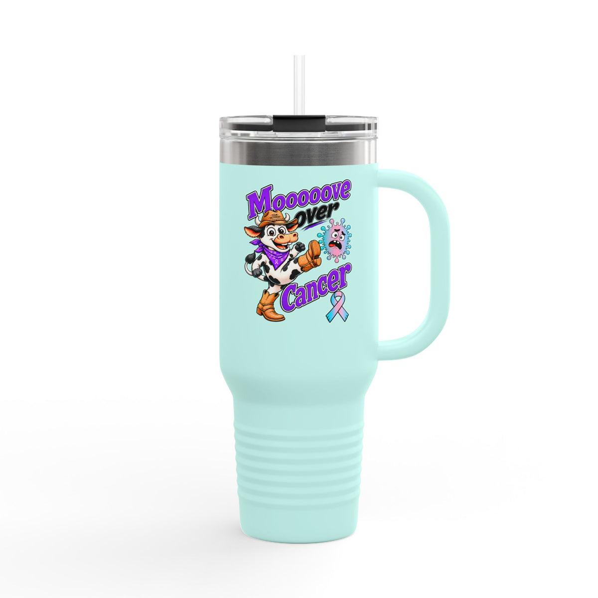 Aqua Moooove Over Cancer 40 oz travel mug with cowgirl design and Thyroid Cancer awareness ribbon