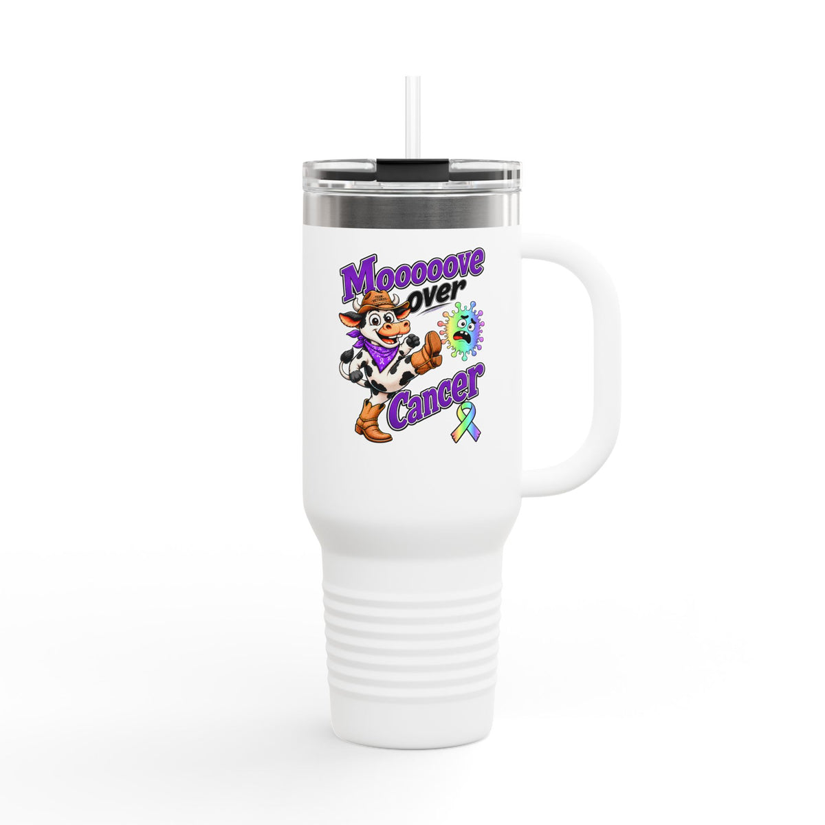 Moooove Over Cancer 40 oz travel mug with Team Victories all-cancer awareness ribbon