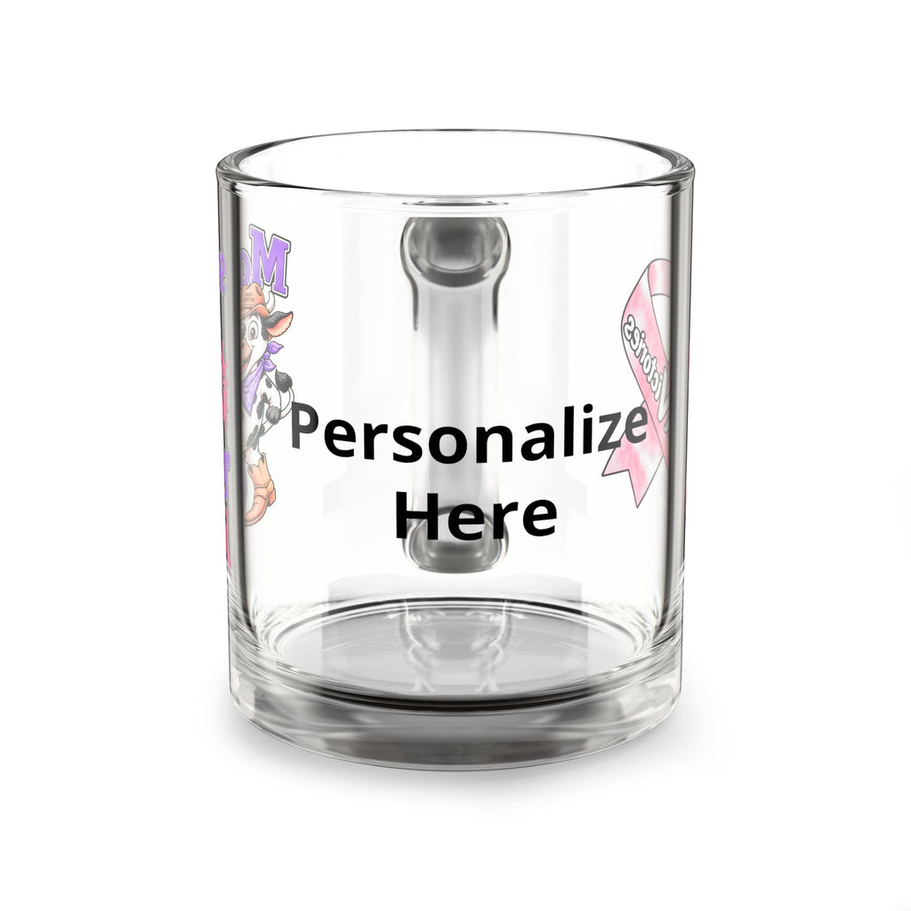 Side view of Moooove Over Cancer glass mug showing the custom name personalization area