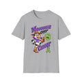 Gray Moooove Over Cancer T-shirt with cowgirl, character, and awareness ribbon design
