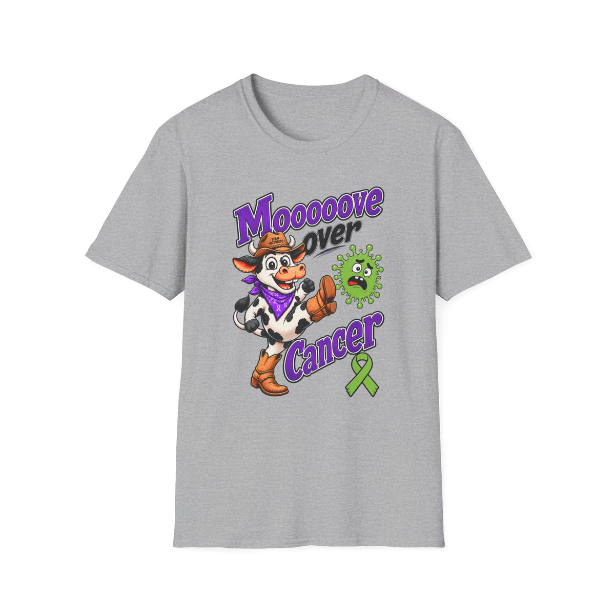 Gray Moooove Over Cancer T-shirt with cowgirl, character, and awareness ribbon design