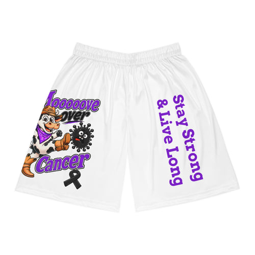 Moooove Over Cancer basketball shorts with cow artwork, black ribbon, and Stay Strong & Live Long design