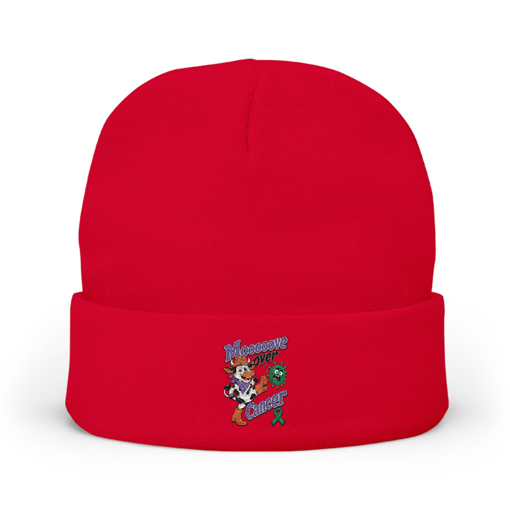 Red Moooove Over Cancer embroidered beanie with colorful front artwork