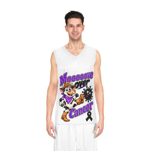 Front view of Moooove Over Cancer basketball jersey worn by a model