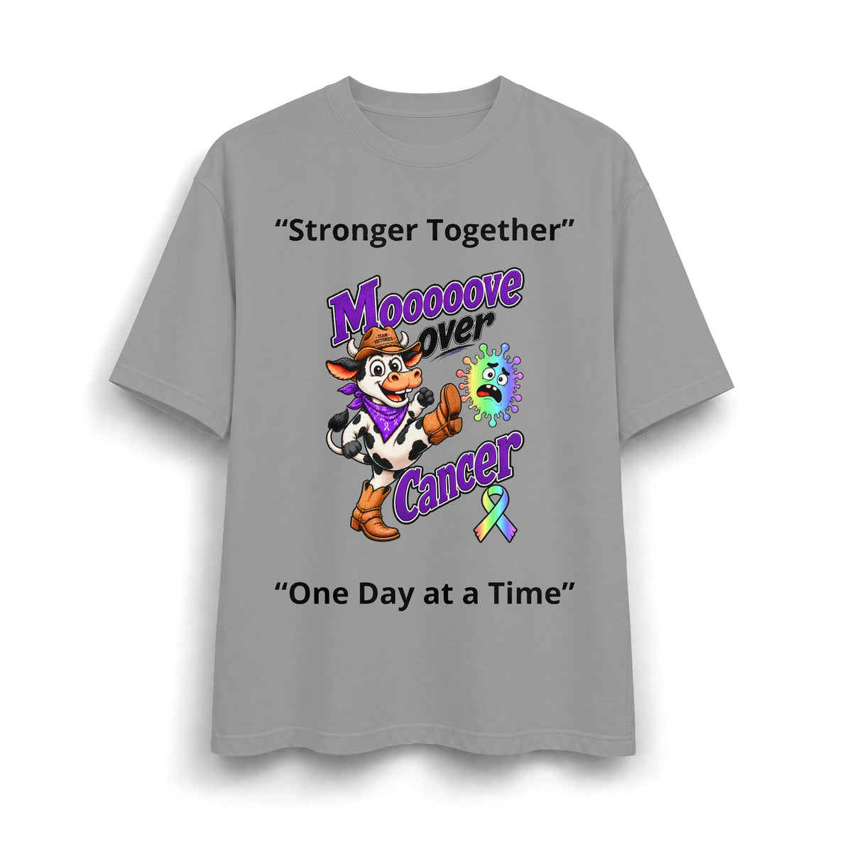 Gray Moooove Over Cancer heavyweight T-shirt with cow artwork and cancer awareness ribbon