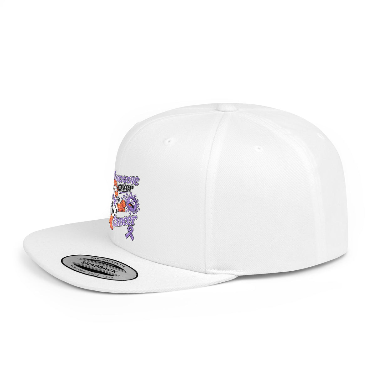 Back view of white Moooove Over Cancer snapback with adjustable closure