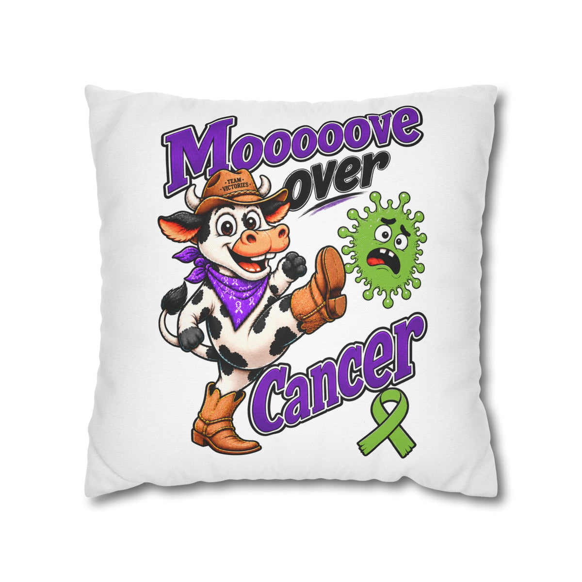 Square Moooove Over Cancer pillow case with playful cow and Non-Hodgkin/Lymphoma Cancer ribbon