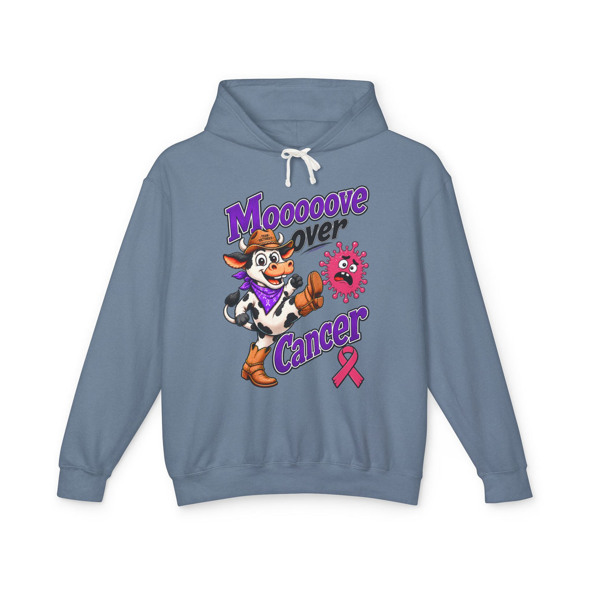 Blue-gray Moooove Over Cancer hoodie featuring cow artwork and Breast Cancer awareness ribbon