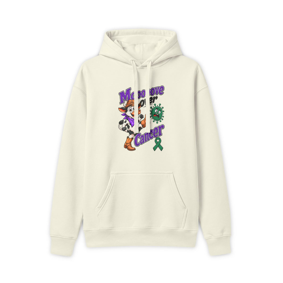 Moooove Over Cancer hoodie with green Liver Cancer awareness ribbon, front view in cream