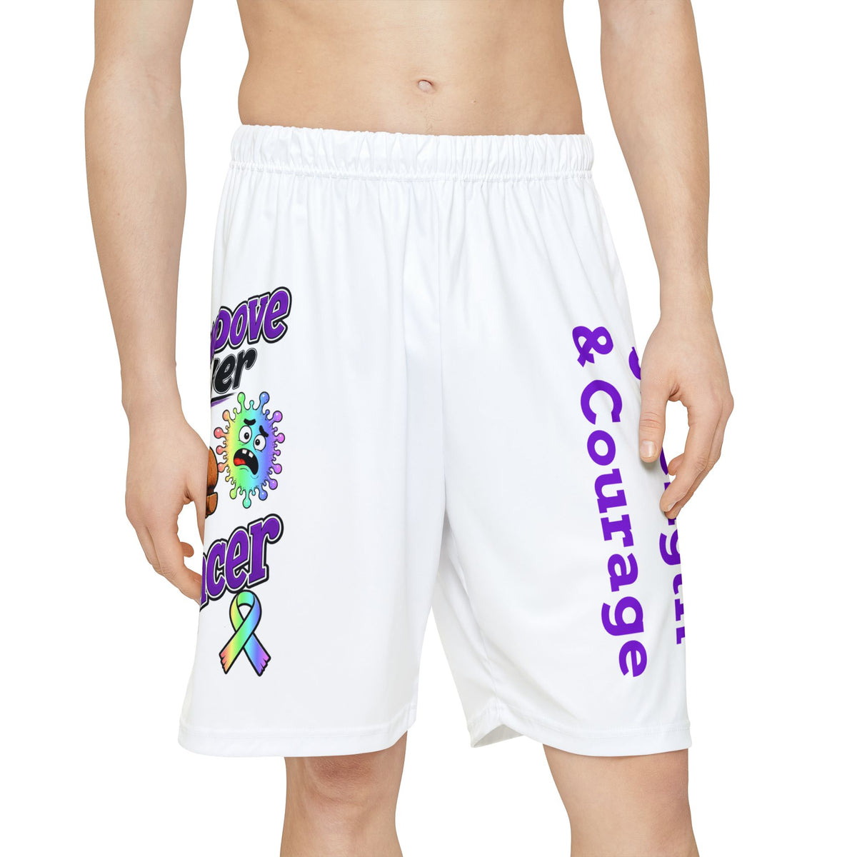 Front view of Moooove Over Cancer athletic shorts with colorful cancer-support artwork