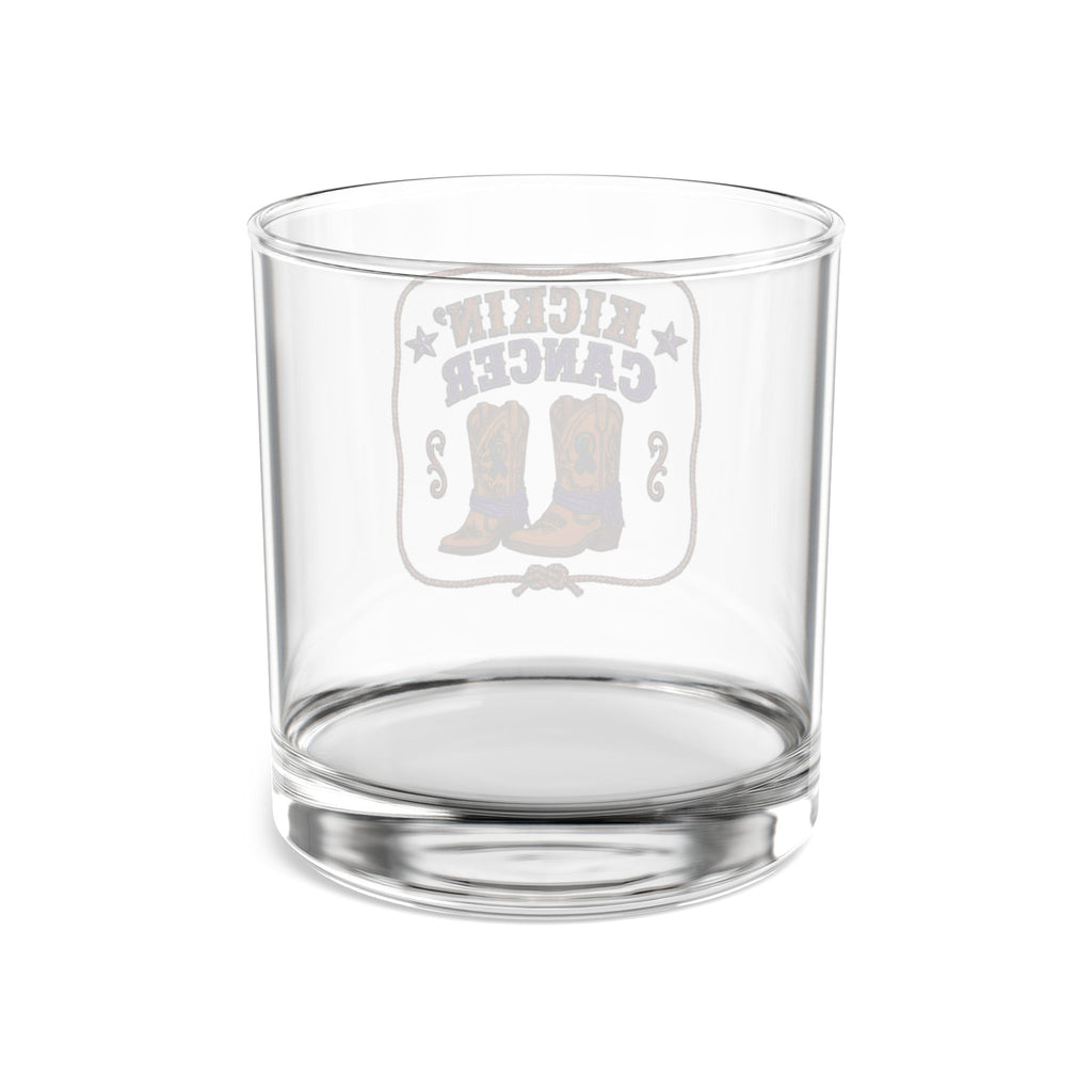 Rear view of clear Kickin’ Cancer tumbler showing its reverse wraparound artwork