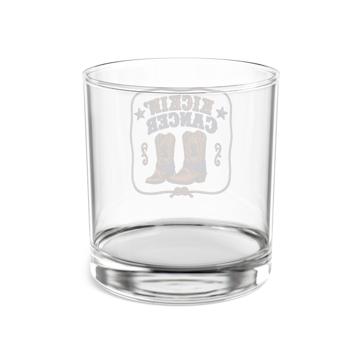 Rear view of clear Kickin’ Cancer tumbler showing its reverse wraparound artwork