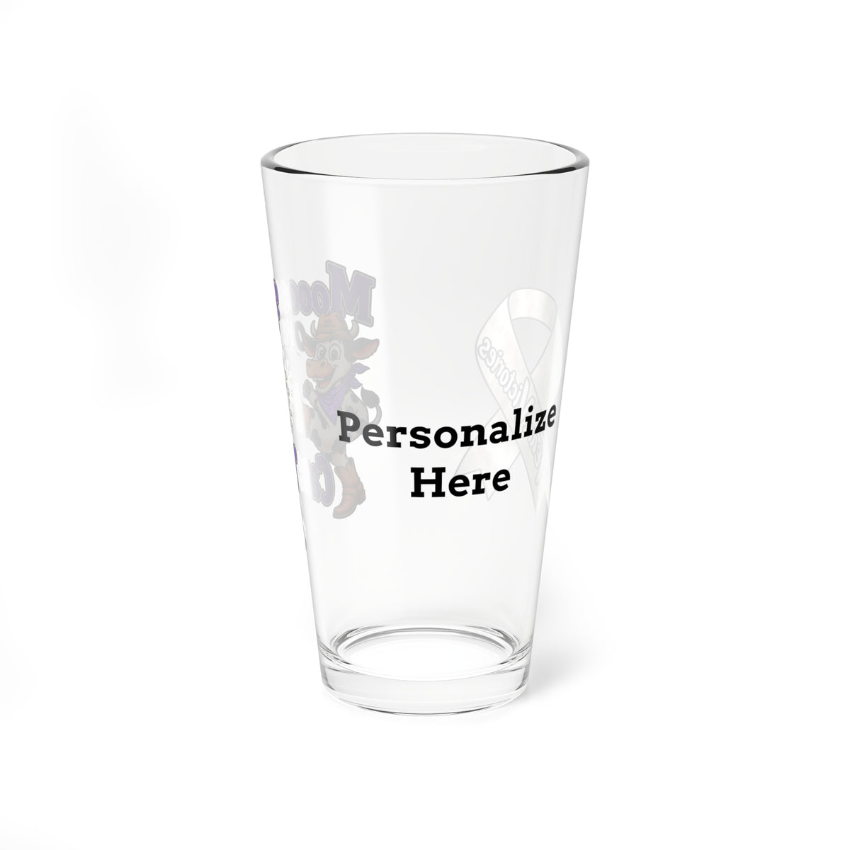 Moooove Over Cancer clear glass showing its personalization area and white awareness ribbon