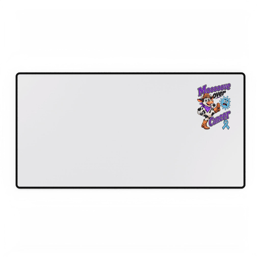 Wide Moooove Over Cancer desk mat featuring colorful artwork and a Prostate Cancer awareness ribbon